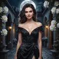 A beautiful Romanian vampire, in a moonlit courtyard, wearing a modern yet elegant black dress, with a subtle, sinister smile, surrounded by blooming night-blooming flowers, soft moonlight, seductive and dangerous, high contrast, realistic textures