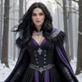 Yennefer of Vengerberg, standing elegantly in a snow-covered forest, with her long, flowing black hair and piercing violet eyes, wearing her signature dark sorceress robes, with magical energy swirling around her, cinematic lighting, high detail, 8k