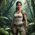 Lara Croft, standing in a lush jungle, wearing her iconic dual pistols and cargo pants, with a determined expression, cinematic lighting, hyper-realistic, 8K resolution, dynamic composition