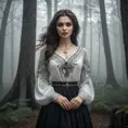 A beautiful Romanian vampire, in a misty forest, wearing a traditional Romanian blouse with a long skirt, holding a silver cross, surrounded by ancient trees, foggy ambiance, mysterious and alluring, high detail, cinematic lighting