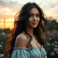 Yennefer, in a serene garden at sunset, with blooming flowers and a gentle breeze, her expression soft and serene, with a gentle smile, her hair gently flowing, ultra-realistic, 8k