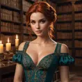 Triss Merigold in a seductive, low-cut dress with intricate lace detailing, her hair pinned up with loose tendrils framing her face, standing in a candlelit library with ancient tomes surrounding her, her presence both alluring and intellectual.