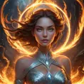 A Fire Sorceress floats above a sea of fire, her body surrounded by a halo of intense, white-hot flames. Her eyes are closed, and her expression is one of serene, terrifying power. Below her, the flames churn and twist, forming into the shapes of monstrous creatures that writhe and snap at the air. The heat is so intense that the very air shimmers and distorts around her, making her seem like a being from another world, one of pure, unstoppable fire.