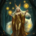 Ahri, the enchanting fox mage, with her tails flowing like silk behind her, dressed in a revealing, shimmering robe that seems to be made of liquid gold, standing in a magical, bioluminescent forest, with glowing orbs of energy floating around her.