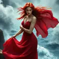 A mesmerizing Triss Merigold in a flowing, crimson dress, her hair loose and windswept, standing on a cliff edge overlooking a stormy sea, her expression a blend of strength and vulnerability, the wind gently lifting her dress.