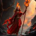 A Fire Sorceress stands in a cavern filled with molten rock and rivers of lava, her presence causing the temperature to rise to unbearable levels. Her skin is a deep, fiery red, and her eyes are like two burning coals. She wears a cloak made of living flames that shift and change shape as she moves. In her hand, she holds a staff that crackles with energy, and as she raises it, the lava around her begins to bubble and surge, as if responding to her command.