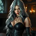 A seductive Ciri from The Witcher, with her silver hair cascading in loose waves, wearing a form-fitting, dark leather outfit that accentuates her curves. Her piercing green eyes are filled with a mix of determination and allure, as she stands in a dimly lit, medieval tavern, with a flickering candle casting shadows on her face.