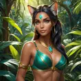 A seductive Nidalee, her feline form exuding an aura of primal allure, draped in a sleek, form-fitting jungle outfit that accentuates her curves. Her piercing eyes glow with a mysterious light, and her hair flows like liquid gold in the moonlight. The background is a lush, tropical forest with bioluminescent plants casting a soft, ethereal glow.