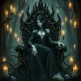 A stunning witch with raven-black hair and alabaster skin, sitting on a throne made of twisted roots in a dark, enchanted forest, surrounded by floating candles and glowing crystals