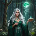 A beautiful witch with long, flowing silver hair and piercing emerald eyes, standing in a moonlit forest with glowing mushrooms and a crescent moon overhead, her robes shimmering with stardust and ancient runes