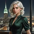 Ciri, exuding an air of mystery and allure, wearing a modern, yet timeless black dress that clings to her every curve. Her hair is styled in loose, beachy waves, and she stands in a sleek, urban penthouse with floor-to-ceiling windows offering a view of a bustling city at night. Her eyes, a striking green, hold a hint of mischief.