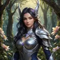 Irelia, the graceful warrior, is depicted in a serene yet foreboding forest at twilight. Her form is a blend of elegance and menace, with vines and flowers intertwining with her armor, yet her eyes hold a cold, determined stare. The background is a mix of soft, glowing flora and twisted, shadowy trees.