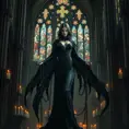 Morgana is shown in a grand, ancient cathedral, her presence both beautiful and terrifying. The stained glass windows behind her depict scenes of torment and despair, and her form is illuminated by the eerie, flickering light of candles. Her chains are wrapped around the pillars, binding them with an unbreakable force.