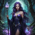 A mysterious witch with deep violet eyes and hair that cascades like a waterfall of ink, standing in a hidden glade filled with bioluminescent plants, her staff topped with a glowing crystal that pulses with ancient magic