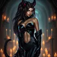 A seductive Ahri, her eyes sparkling with mischief, wearing a sleek, black leather outfit that hugs her every curve, with her tails wrapped around her like a protective embrace, standing in a dimly lit, candle-filled chamber with a mysterious, otherworldly aura.