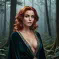 Triss Merigold in a luxurious, velvet robe that clings to her curves, her hair cascading in loose waves, standing in a moonlit forest with mist swirling around her, her expression both enchanting and enigmatic.