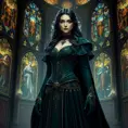 A enchanting Yennefer with hair like obsidian and eyes that sparkle with arcane knowledge, dressed in a regal, dark green gown with gold accents, standing in a grand hall with towering stained glass windows depicting ancient legends