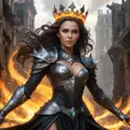 A Fire Sorceress stands in the midst of a ruined city, her power having laid waste to everything around her. Her eyes are pits of swirling fire, and her voice is a deep, rumbling growl that echoes through the air. She wears a crown of twisted, burning metal, and her armor is made of blackened, scorched steel. Flames lick at her fingertips as she raises her hands, ready to unleash another wave of destruction upon the world.