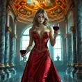 A seductive Ciri, dressed in a regal, yet provocative gown made of deep crimson silk, with intricate gold embroidery. She stands in a grand, opulent hall, with marble pillars and a high ceiling adorned with frescoes. Her expression is one of confident seduction, as she holds a goblet of wine, ready to captivate any onlooker.