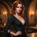 A seductive Triss Merigold with flowing red hair, dressed in a form-fitting, deep-cut black dress, standing in a dimly lit tavern with flickering candlelight casting shadows on her face, her eyes smoldering with a mix of mystery and allure.