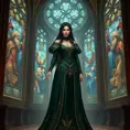 A enchanting Yennefer with hair like obsidian and eyes that sparkle with arcane knowledge, dressed in a regal, dark green gown with gold accents, standing in a grand hall with towering stained glass windows depicting ancient legends