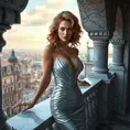 A sultry Triss Merigold in a revealing, silver gown, her hair styled in elegant curls, leaning against a grand, marble balcony overlooking a bustling medieval city, her gaze distant yet captivating.