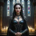 Morgana is shown in a grand, ancient cathedral, her presence both beautiful and terrifying. The stained glass windows behind her depict scenes of torment and despair, and her form is illuminated by the eerie, flickering light of candles. Her chains are wrapped around the pillars, binding them with an unbreakable force.