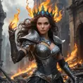 A Fire Sorceress stands in the midst of a ruined city, her power having laid waste to everything around her. Her eyes are pits of swirling fire, and her voice is a deep, rumbling growl that echoes through the air. She wears a crown of twisted, burning metal, and her armor is made of blackened, scorched steel. Flames lick at her fingertips as she raises her hands, ready to unleash another wave of destruction upon the world.