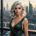 Ciri, exuding an air of mystery and allure, wearing a modern, yet timeless black dress that clings to her every curve. Her hair is styled in loose, beachy waves, and she stands in a sleek, urban penthouse with floor-to-ceiling windows offering a view of a bustling city at night. Her eyes, a striking green, hold a hint of mischief.