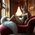 Ahri, the alluring fox spirit, lounging on a velvet chaise longue in a grand, opulent palace, her tails gracefully curling around her, wearing a revealing, jewel-encrusted outfit that accentuates her curves, with a soft, golden light illuminating her from behind.