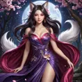 A seductive Ahri, the Nine-Tailed Fox, with mesmerizing eyes that glow like embers, her fur a blend of deep reds and purples, draped in a flowing, ethereal gown that shimmers with starlight, standing in a moonlit forest with cherry blossom petals swirling around her.