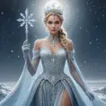 A majestic Ice Queen standing on a frozen lake, her gown made of shimmering ice crystals that reflect the moonlight, with intricate snowflake patterns adorning her crown and scepter, surrounded by a swirling mist of frost and snowflakes.