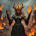 A Fire Sorceress stands in the midst of a ruined city, her power having laid waste to everything around her. Her eyes are pits of swirling fire, and her voice is a deep, rumbling growl that echoes through the air. She wears a crown of twisted, burning metal, and her armor is made of blackened, scorched steel. Flames lick at her fingertips as she raises her hands, ready to unleash another wave of destruction upon the world.