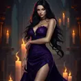 A seductive Yennefer with raven-black hair cascading over her shoulders, dressed in a form-fitting, deep purple gown that accentuates her curves, standing in a candlelit chamber with enchanted flames dancing around her