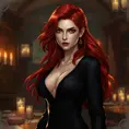 A seductive Triss Merigold with flowing red hair, dressed in a form-fitting, deep-cut black dress, standing in a dimly lit tavern with flickering candlelight casting shadows on her face, her eyes smoldering with a mix of mystery and allure.