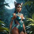 A captivating Nidalee, her feline form exuding an aura of primal allure, stands in a moonlit jungle clearing. She is dressed in a sleek, form-fitting outfit that highlights her exotic beauty, with intricate tribal patterns adorning her skin. Her eyes glow with a mysterious light, and the background is a lush, tropical forest with bioluminescent plants casting a soft, ethereal glow.