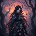 Irelia, the graceful warrior, is depicted in a serene yet foreboding forest at twilight. Her form is a blend of elegance and menace, with vines and flowers intertwining with her armor, yet her eyes hold a cold, determined stare. The background is a mix of soft, glowing flora and twisted, shadowy trees.