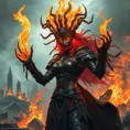 A Fire Sorceress stands in the midst of a ruined city, her power having laid waste to everything around her. Her eyes are pits of swirling fire, and her voice is a deep, rumbling growl that echoes through the air. She wears a crown of twisted, burning metal, and her armor is made of blackened, scorched steel. Flames lick at her fingertips as she raises her hands, ready to unleash another wave of destruction upon the world.