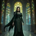 A enchanting Yennefer with hair like obsidian and eyes that sparkle with arcane knowledge, dressed in a regal, dark green gown with gold accents, standing in a grand hall with towering stained glass windows depicting ancient legends