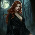 Triss Merigold in a luxurious, velvet robe that clings to her curves, her hair cascading in loose waves, standing in a moonlit forest with mist swirling around her, her expression both enchanting and enigmatic.