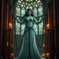 Morgana is shown in a grand, ancient cathedral, her presence both beautiful and terrifying. The stained glass windows behind her depict scenes of torment and despair, and her form is illuminated by the eerie, flickering light of candles. Her chains are wrapped around the pillars, binding them with an unbreakable force.