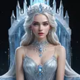 An ethereal Ice Queen seated on a throne of ice, her skin pale as snow, eyes glowing with a cold, blue light, her hair flowing like a cascade of frozen silver, with icicles hanging from her crown and a frosty aura emanating from her presence.