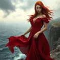 A mesmerizing Triss Merigold in a flowing, crimson dress, her hair loose and windswept, standing on a cliff edge overlooking a stormy sea, her expression a blend of strength and vulnerability, the wind gently lifting her dress.