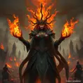 A Fire Sorceress stands in the midst of a ruined city, her power having laid waste to everything around her. Her eyes are pits of swirling fire, and her voice is a deep, rumbling growl that echoes through the air. She wears a crown of twisted, burning metal, and her armor is made of blackened, scorched steel. Flames lick at her fingertips as she raises her hands, ready to unleash another wave of destruction upon the world.