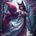 A seductive Ahri, the Nine-Tailed Fox, with mesmerizing eyes that glow like embers, her fur a blend of deep reds and purples, draped in a flowing, ethereal gown that shimmers with starlight, standing in a moonlit forest with cherry blossom petals swirling around her.