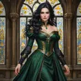 A enchanting Yennefer with hair like obsidian and eyes that sparkle with arcane knowledge, dressed in a regal, dark green gown with gold accents, standing in a grand hall with towering stained glass windows depicting ancient legends