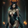 A seductive Ahri, her eyes sparkling with mischief, wearing a sleek, black leather outfit that hugs her every curve, with her tails wrapped around her like a protective embrace, standing in a dimly lit, candle-filled chamber with a mysterious, otherworldly aura.