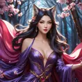 A seductive Ahri, the Nine-Tailed Fox, with mesmerizing eyes that glow like embers, her fur a blend of deep reds and purples, draped in a flowing, ethereal gown that shimmers with starlight, standing in a moonlit forest with cherry blossom petals swirling around her.