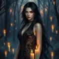 A mesmerizing Yennefer with a sultry gaze and a confident posture, wearing a sleek, black dress with intricate silver embroidery, surrounded by floating candles and a backdrop of a mystical forest at twilight