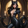 A seductive Ahri, her eyes sparkling with mischief, wearing a sleek, black leather outfit that hugs her every curve, with her tails wrapped around her like a protective embrace, standing in a dimly lit, candle-filled chamber with a mysterious, otherworldly aura.